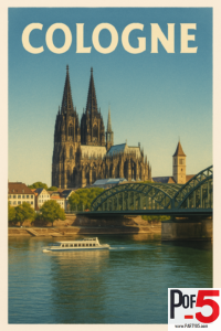 Vintage-style Cologne poster showing the Cologne Cathedral (Kölner Dom) with the Hohenzollern Bridge over the Rhine on a sunny day.
