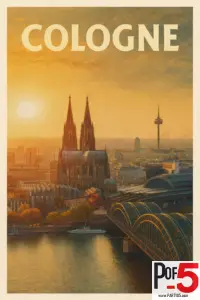 Vintage-style poster of Cologne at sunset featuring the Cologne Cathedral, Hohenzollern Bridge, Rhine River, and warm golden light over the city skyline.