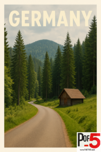 Curving forest road in Germany with tall evergreen trees, green hills, and a small wooden cabin in a peaceful alpine landscape.