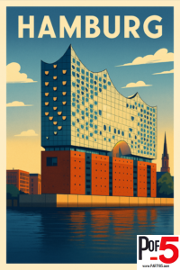 Vintage-style travel poster of the Elbphilharmonie concert hall in Hamburg, Germany, featuring the iconic glass wave architecture rising above the harbor waterfront.