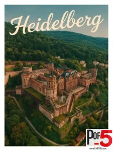 Aerial travel poster of Heidelberg Castle in Germany, showcasing the medieval ruins perched on a green hillside with surrounding forest and paths.
