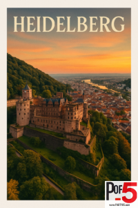 Vintage-style travel poster of Heidelberg Castle at sunset, overlooking the Neckar River and old town rooftops in warm golden light.