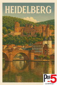 Vintage-style travel poster of Heidelberg, Germany, featuring Heidelberg Castle overlooking the Old Bridge and historic old town reflected in the Neckar River.