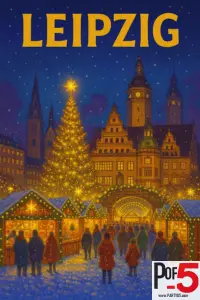 Vintage-style Leipzig Christmas Market poster showing the illuminated Old Town Hall, glowing holiday stalls, a large Christmas tree, and crowds in a snowy evening scene.