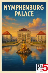 Vintage-style travel poster of Nymphenburg Palace in Munich, Germany, featuring the grand baroque palace reflected in a formal garden canal at sunset.