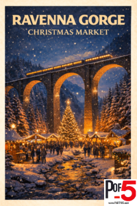 Vintage-style travel poster of the Ravenna Gorge Christmas Market in Germany, featuring a snowy winter market beneath a glowing stone railway viaduct at night.