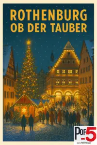 Vintage travel poster of Rothenburg ob der Tauber’s Christmas market, with glowing timber-frame houses, a large Christmas tree, market stalls, and people in a snowy medieval town square.