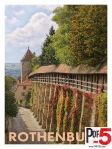 Medieval city wall in Rothenburg ob der Tauber with timber walkway, stone tower, and autumn vines cascading down the ramparts in a historic German village.