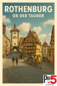 Vintage travel poster of Rothenburg ob der Tauber showing the iconic Plönlein timber-frame house, medieval towers, cobblestone streets, and warm summer sky.