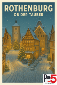 Vintage winter travel poster of Rothenburg ob der Tauber featuring snow-covered medieval houses, Christmas trees, warm golden lights, and a snowy Bavarian street scene.