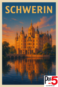 Vintage-style travel poster of Schwerin Castle at golden hour, glowing in warm sunset light and reflected in the calm lake, featuring ornate towers and a dramatic sky.