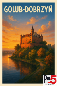 Vintage travel poster of Golub-Dobrzyń Castle at sunset on a hilltop above the river, surrounded by autumn trees and glowing sky.