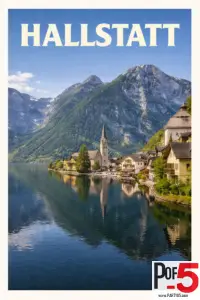 Vintage-style travel poster of Hallstatt, Austria, showing the lakeside village, church steeple, colorful alpine houses, and the towering Dachstein mountains reflected in the water.