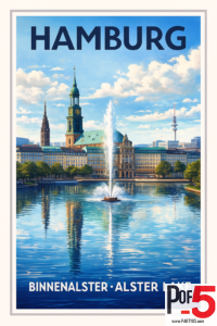 Colorful Hamburg travel poster showing the Binnenalster lake, the central fountain, St. Nicholas and St. Petri towers, and Hamburg’s skyline under a bright blue sky.