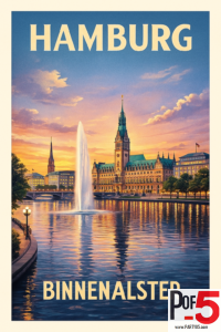 Vintage-style illustration of Hamburg’s Binnenalster at sunset, featuring the Rathaus, central fountain, and golden reflections on the lake.