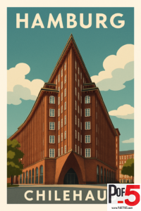Vintage-style poster of Chilehaus in Hamburg, Germany, featuring the iconic pointed brick façade under a blue sky with soft clouds.