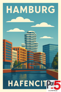 Vintage-style travel poster of Hamburg’s HafenCity featuring modern high-rise architecture, colorful waterfront buildings, a canal bridge, and blue sky with clouds.