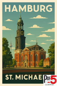 Vintage travel poster of St. Michaelis Church (Der Michel) in Hamburg with a tall clock tower, baroque architecture, and a bright blue sky.