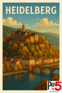 Vintage travel poster of Heidelberg, Germany featuring Heidelberg Castle above colorful autumn forests, Old Bridge over the Neckar River, and historic Old Town houses.