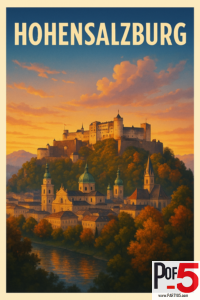 Vintage travel poster of Hohensalzburg Fortress above Salzburg at sunset, with cathedral domes, autumn trees, and golden sky.