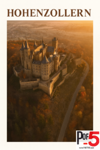 Aerial view vintage-style poster of Hohenzollern Castle at golden hour surrounded by autumn hills.