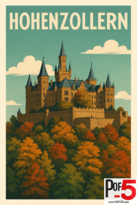 Vintage travel poster of Hohenzollern Castle in Germany, with autumn forest colors, blue sky, and classic fairytale architecture on a hilltop.