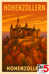 Vintage-style travel poster of Hohenzollern Castle at sunset, perched on a mountain ridge surrounded by vibrant autumn trees in warm orange and red tones.