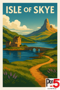 Vintage travel poster of the Isle of Skye with mountains, castle, bridge, and coastal landscape.