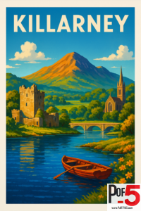 Vintage-style illustration of Killarney, Ireland featuring a calm blue lake, a wooden boat, an old castle ruin, a stone bridge, a church steeple, and mountains glowing in warm sunset light.