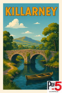 Vintage travel poster of Killarney, Ireland showing an old stone arch bridge, lush green landscape, mountains, and a wooden rowboat on a calm lake.