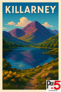 Vintage travel poster of Killarney, Ireland, showing a mountain range, reflective lake, and winding path through green hills in warm afternoon light.