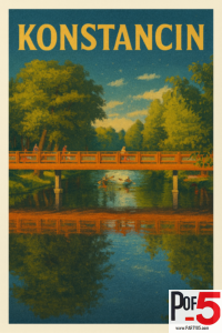 Vintage-style poster of Konstancin, Poland, showing a warm sunset over a wooden bridge, kayakers on a calm river, and lush forest scenery reflected in the water.