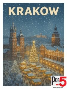 Vintage travel poster of Kraków’s Christmas Market in the Main Square with snowfall, St. Mary’s Basilica, Christmas lights, and holiday stalls.