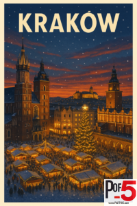 Vintage travel poster of Kraków showing St. Mary’s Basilica, Cloth Hall, and the Christmas Market in the Main Square at night with snow falling and glowing lights.
