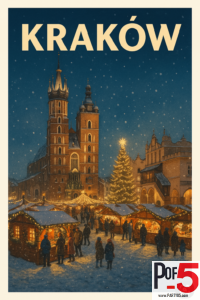 Vintage travel poster of Kraków featuring St. Mary’s Basilica, a glowing Christmas market, snowy night sky, holiday lights, and people walking among wooden market stalls.