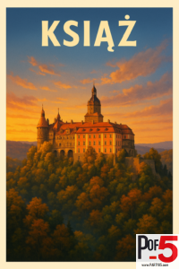 Vintage travel poster of Książ Castle in Wałbrzych, Poland at sunset, surrounded by forested hills with warm golden light on the castle façade.