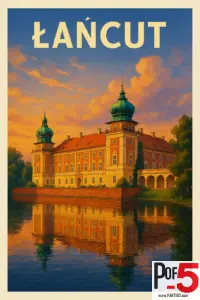 Vintage-style travel poster of Łańcut Castle in Poland, featuring the historic Baroque palace reflected in calm water at sunset.