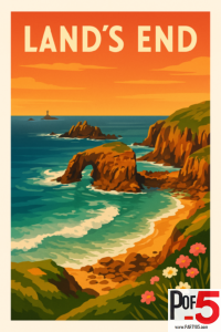 Vintage poster of Land’s End in Cornwall featuring rugged cliffs, turquoise waves, a natural stone arch, and a warm orange sunset sky.