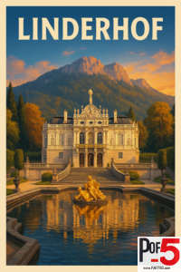 Vintage Linderhof Palace poster showing the ornate Bavarian palace, golden fountain, and mountain backdrop at sunset in a classic travel art style.