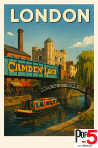 Vintage travel poster of London’s Camden Lock showing colorful canal boats, the iconic Camden Lock bridge, market buildings, and a sunny blue sky.
