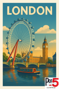 Vintage travel poster of the London Eye with Big Ben and the Houses of Parliament under a bright blue sky.