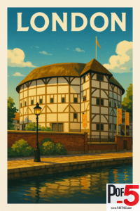 Vintage-style London travel poster featuring Shakespeare’s Globe Theatre with its round timber-framed design, thatched roof, warm evening light, brick walls, and reflections in the riverside water.