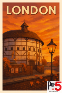 Vintage travel poster of London featuring Shakespeare’s Globe Theatre at sunset with warm orange skies, Tudor timber architecture, autumn leaves, and a glowing street lamp.