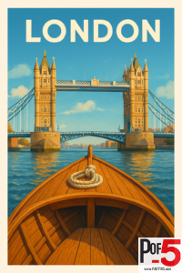 Vintage travel poster of London showing Tower Bridge from the front of a wooden boat on the River Thames under a bright blue sky.