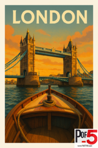 Vintage-style travel poster of London showing Tower Bridge at sunset, viewed from the wooden bow of a small boat on the River Thames.