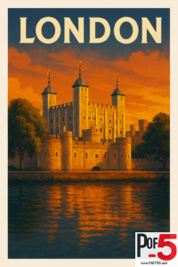 Vintage-style illustration of the Tower of London at sunset, glowing with warm orange light and reflecting on the Thames River.