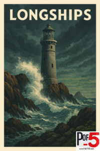 Vintage travel poster of Longships Lighthouse on the rocky Cornwall coast with crashing waves and stormy skies.