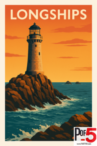 Vintage travel poster of Longships Lighthouse on rugged Cornwall cliffs at sunset.