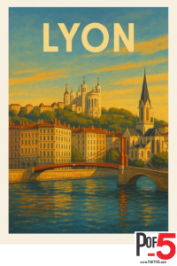 Vintage travel poster of Lyon, France, showing the Rhône River, historic buildings, and Basilica of Notre-Dame de Fourvière at sunset.