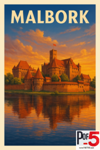 Vintage poster of Malbork Castle in Poland at sunset, with warm golden light, medieval brick walls, towers, and reflections on the river.